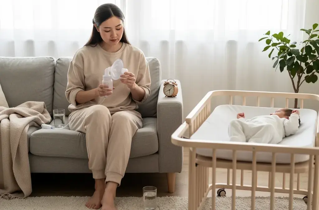 Pump-Mama mit Milchpumpe, die Tipps für erfolgreiches ausschließlich Abpumpen nutzt
