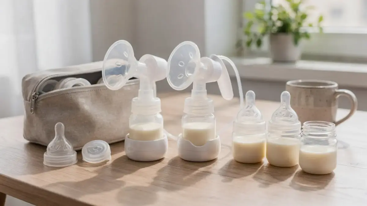 Stillleben mit Milchpumpe und Zubehör als Thema zur Auswahl der passenden Milchpumpe