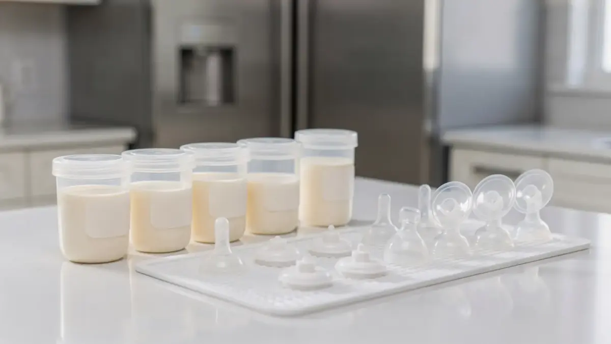 Beschriftete Muttermilch-Behälter und Pumpenteile in der Küche zum Thema Muttermilch einfrieren