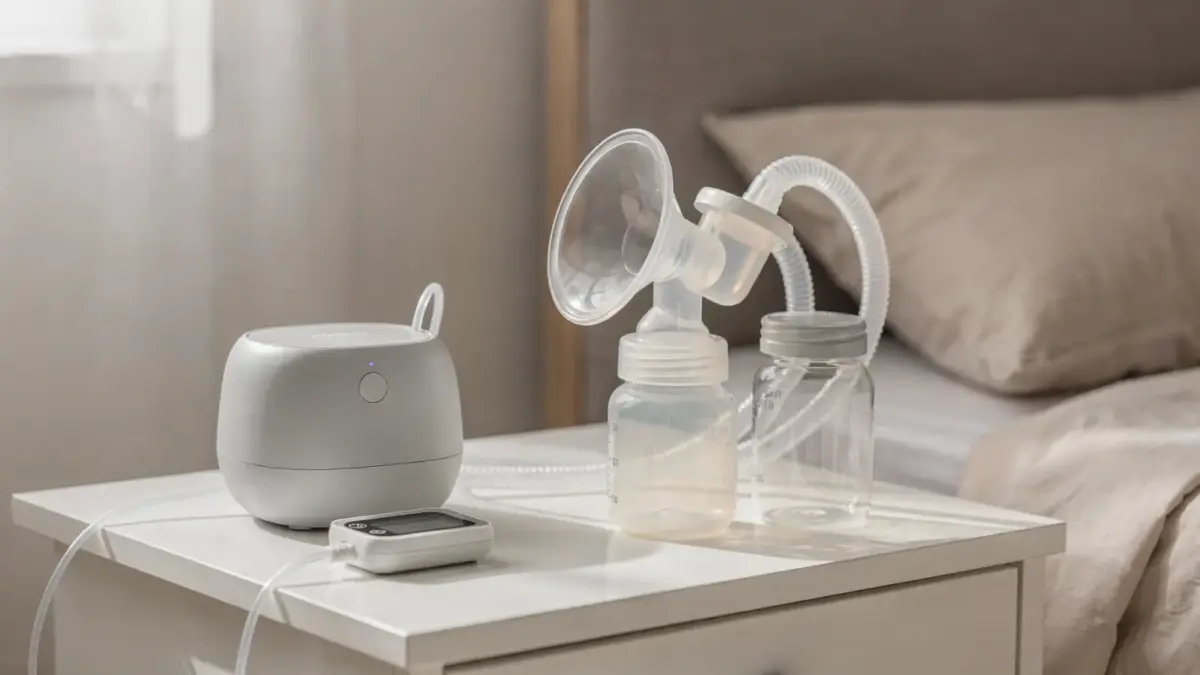 Moderne Milchpumpe mit Zubehör auf einem Tisch zum Thema schnelle Milchpumpe und Geschwindigkeit