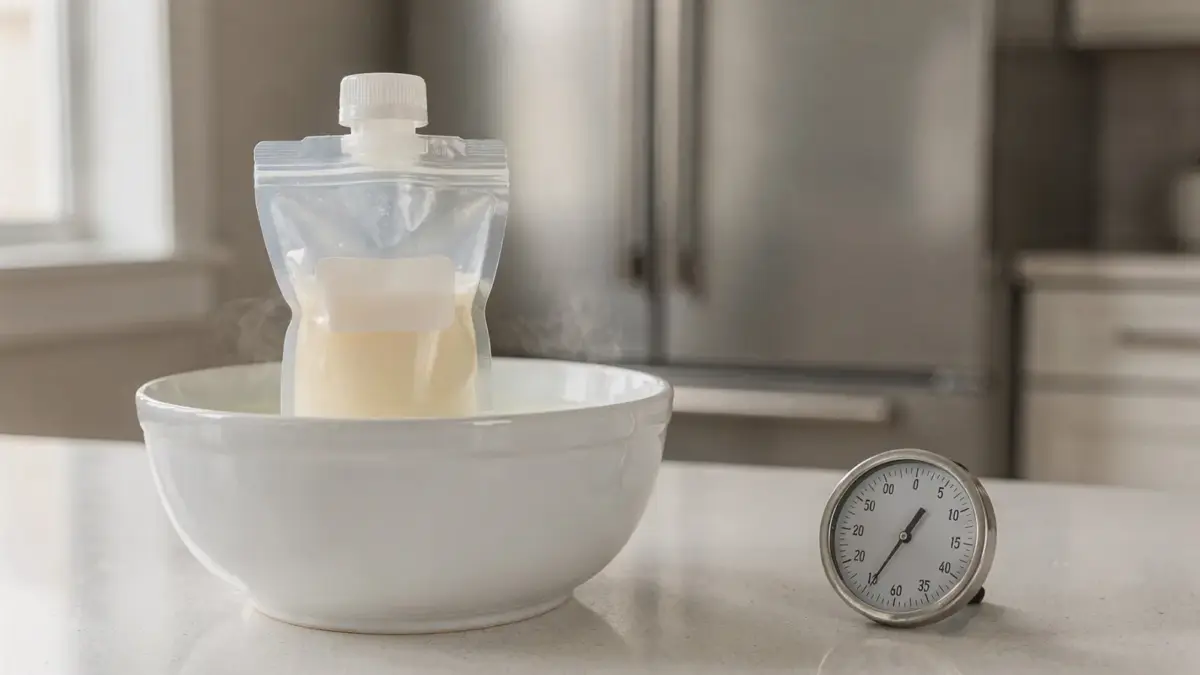 Schale mit Muttermilch zum Auftauen in lauwarmem Wasser in einer Küche