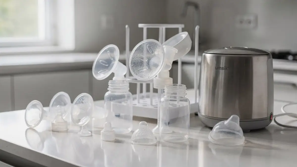 Sterilisierte Milchpumpen-Teile auf der Küchenarbeitsplatte für das Thema Milchpumpe sterilisieren