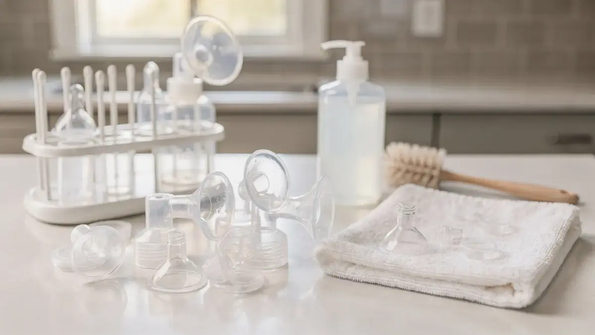 Sauber gereinigte Milchpumpe mit Zubehör zur Hygiene beim Abpumpen auf einer Küchenarbeitsfläche