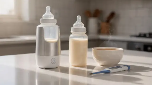 Fläschchenwärmer und Milchbehälter zum Muttermilch erwärmen in der Küche