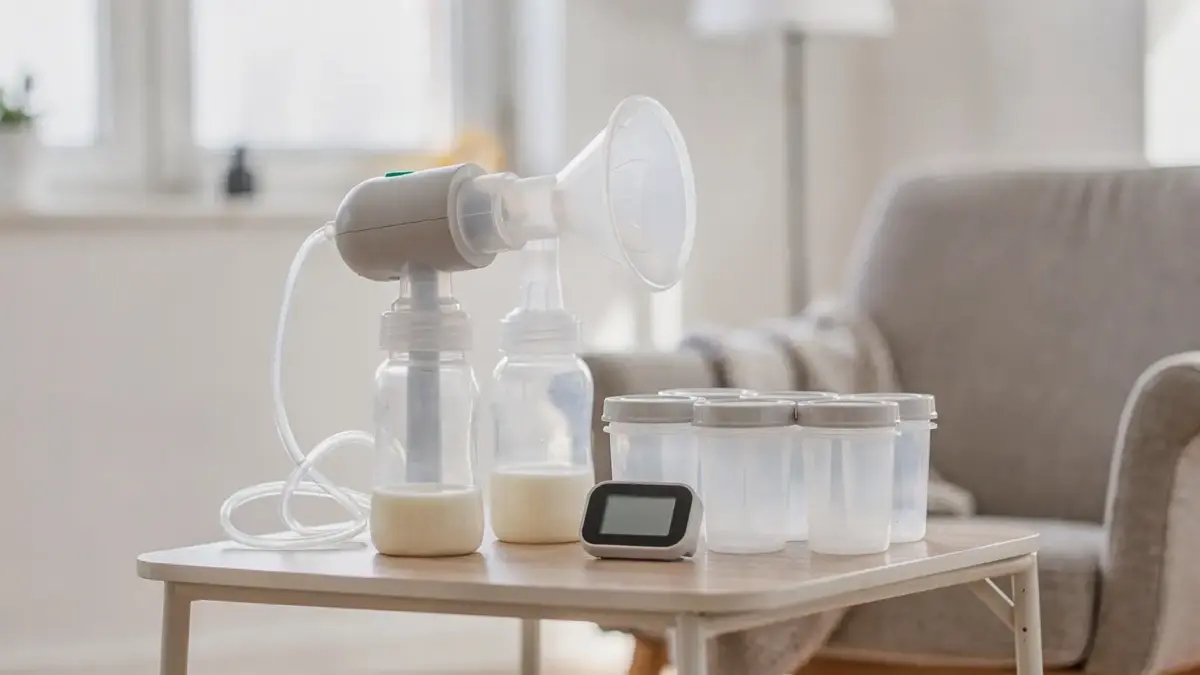 Elektrische Milchpumpe, Behälter und Timer zum Thema Wie oft abpumpen für Milchmenge und Alltag