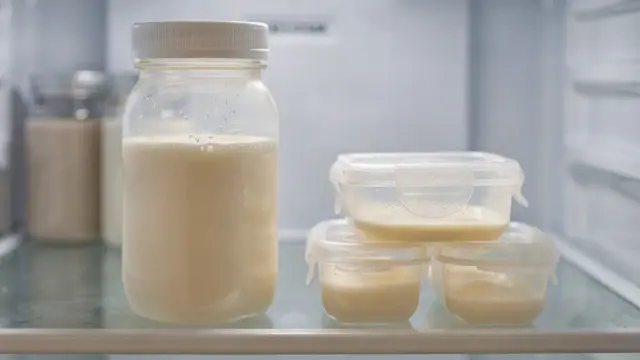 Muttermilch in einer Flasche im Kühlschrank zur sicheren Lagerung