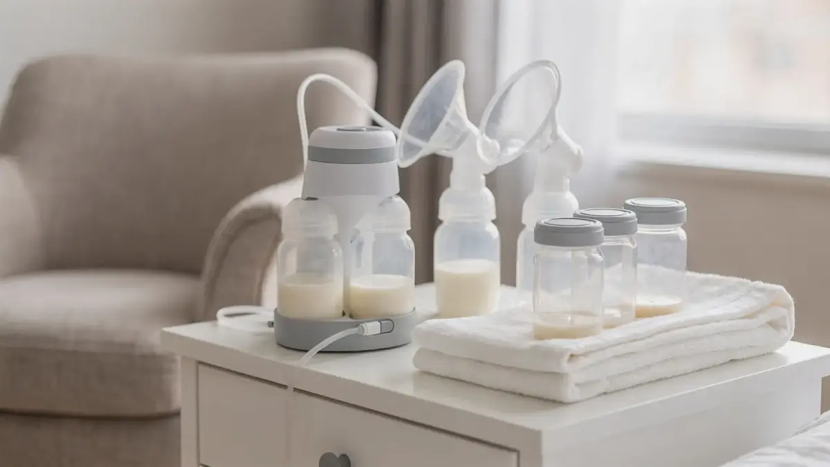 Stillleben mit Milchpumpe und Aufbewahrungsflaschen zum Thema zu wenig Milch abpumpen