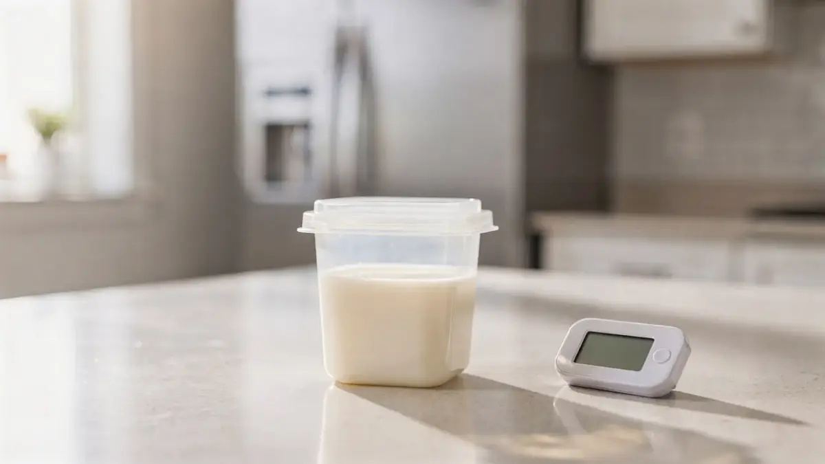 Muttermilch in einem Aufbewahrungsbehälter in der Küche mit Kühlschrank und Thermometer zum Thema Haltbarkeit bei Raumtemperatur