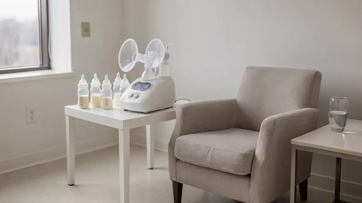 Elektrische Milchpumpe mit Auffangflaschen in einem Stillzimmer zum Thema wenig Milch beim Abpumpen