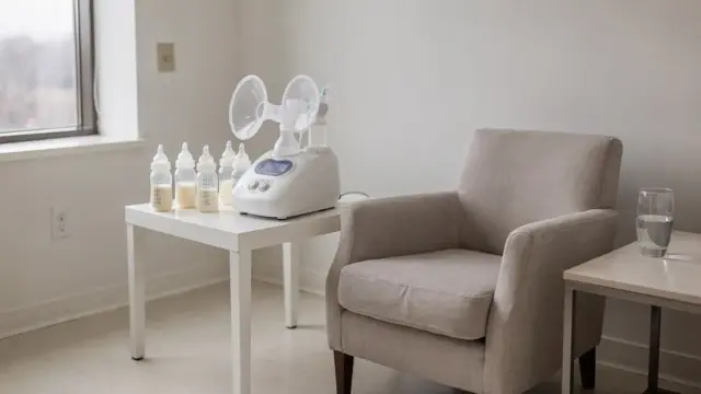 Elektrische Milchpumpe mit Auffangflaschen in einem Stillzimmer zum Thema wenig Milch beim Abpumpen