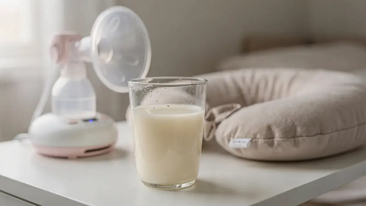 Stillleben mit abgepumpter Muttermilch und Milchpumpe zum Thema Muttermilch Fettgehalt