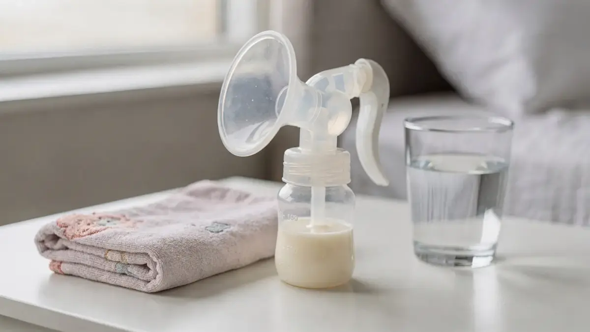 Brustpumpe und Stillzubehör zum Thema Milchstau abpumpen auf einem sauberen Tisch