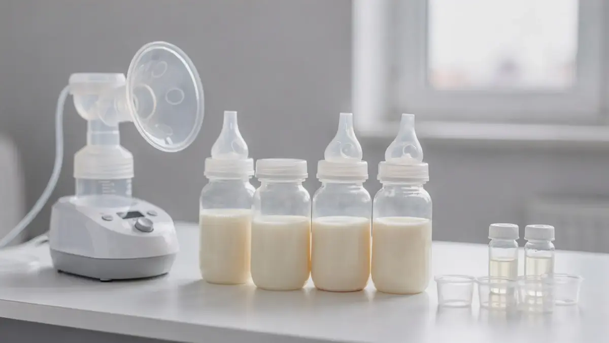 Sterile Muttermilch-Flaschen und Milchpumpe zum Thema Inhaltsstoffe der Muttermilch