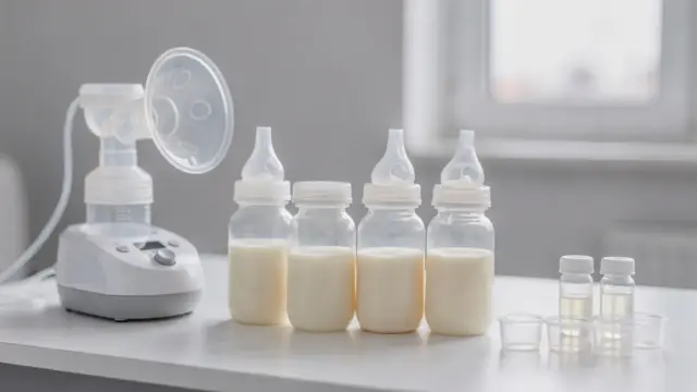 Sterile Muttermilch-Flaschen und Milchpumpe zum Thema Inhaltsstoffe der Muttermilch