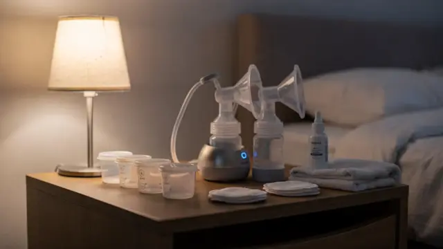 Nachtliches Abpump-Set mit Milchpumpe, Behältern und Lampe zum Thema Nachts abpumpen