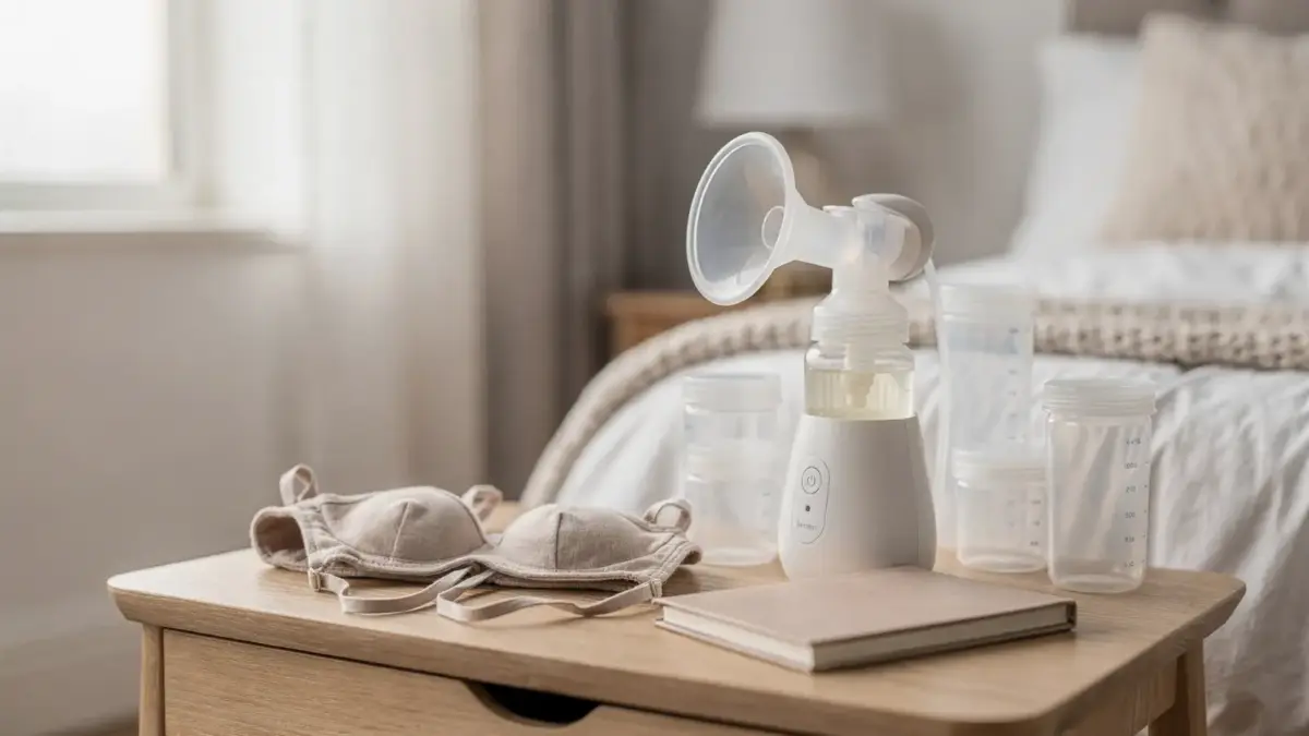 Milchpumpe, Flasche und Stillzubehör im Alltag beim Abpumpen zu Hause