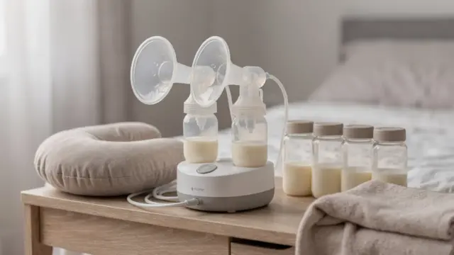 Elektrische Milchpumpe mit Zubehör bei Stillproblemen abpumpen in heller Wohnumgebung
