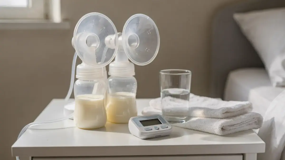 Elektrische Milchpumpe und Zubehör für Power Pumping bei Muttermilch auf einem Tisch