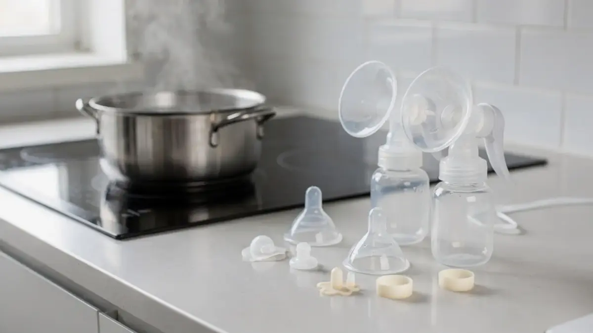 Milchpumpe und Einzelteile neben einem Topf mit kochendem Wasser zum Auskochen