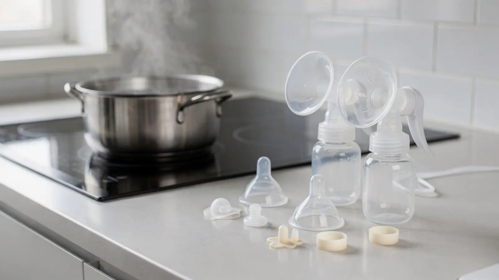 Milchpumpe und Einzelteile neben einem Topf mit kochendem Wasser zum Auskochen