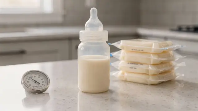 Muttermilch lagern: Flasche, Milchbeutel und Kühlschrankthermometer für die richtige Temperatur