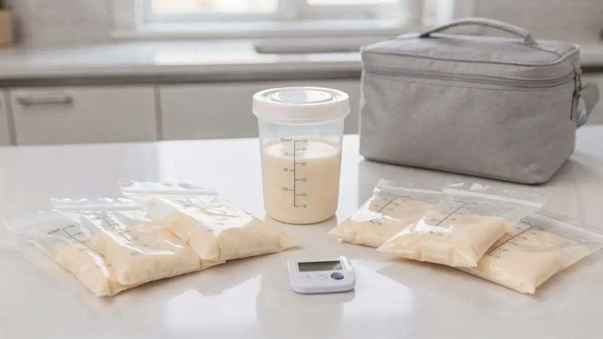Muttermilch aufbewahren ohne Kühlschrank: Behälter, Milchbeutel und Thermometer in heller Küche