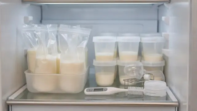 Sauber angeordnete Behälter zum Muttermilch einfrieren in Kühlschrank und Gefrierfach
