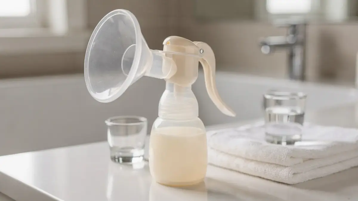 Handmilchpumpe auf einem Badezimmerregal als Thema zu Funktion, Anwendung, Vor- und Nachteile