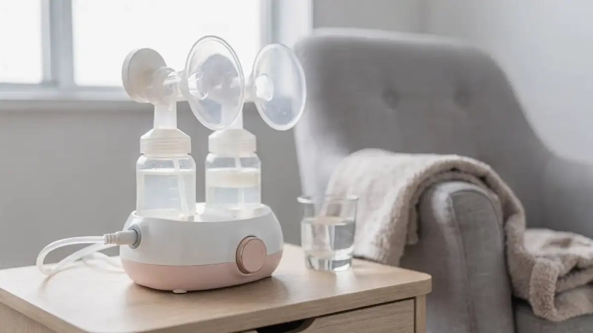 Elektrische Milchpumpe und Zubehör zum Abpumpen von Muttermilch in ruhiger Umgebung