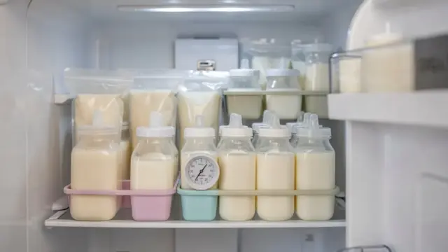 Muttermilch im Kühlschrank gelagert: Behälter und Thermometer zur sicheren Aufbewahrung