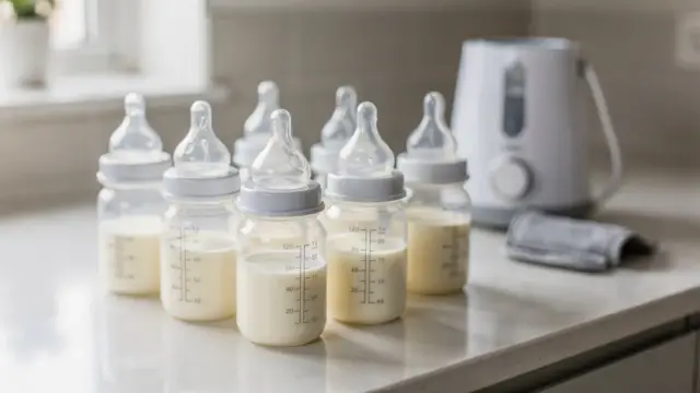 Muttermilch in Fläschchen bei Zimmertemperatur auf der Küchentheke