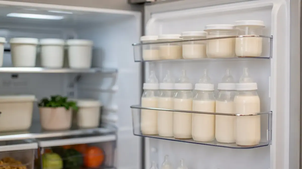 Muttermilch in der Kühlschranktür aufbewahren in einem modernen Kühlschrank