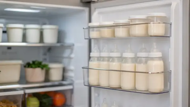 Muttermilch in der Kühlschranktür aufbewahren in einem modernen Kühlschrank