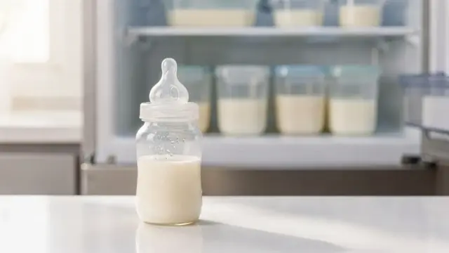 Muttermilch in Flasche und Behältern zur sicheren Lagerung frisch abgepumpter Muttermilch