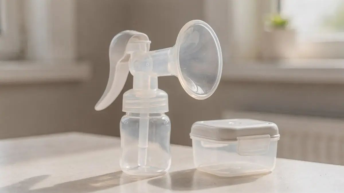 Manuelle Milchpumpe neben Flasche und Behälter für gelegentliches Abpumpen