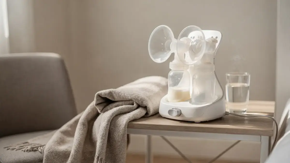 Milchspendereflex beim Abpumpen fördern: elektrische Milchpumpe und warmes Wasser auf einem Nachttisch