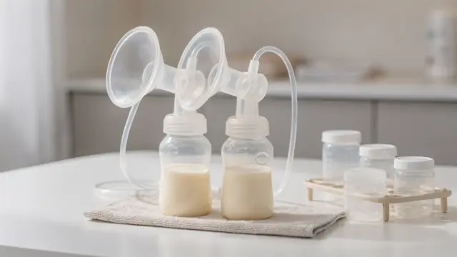 Elektrische Milchpumpe und Flaschen zum Thema häufiges Abpumpen und Milchmenge