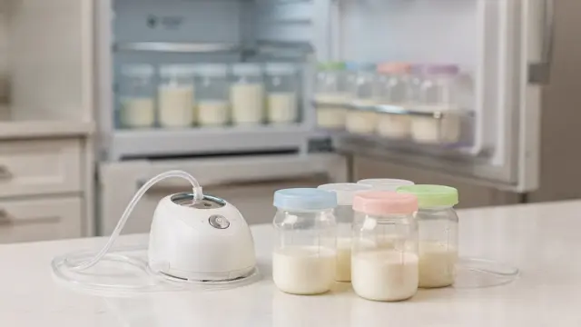 Abgepumpte Muttermilch in Vorratsbehältern neben einer Milchpumpe und dem Kühlschrank
