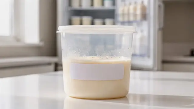 Aufgetaute Muttermilch in einem sauberen Behälter zur Haltbarkeit nach dem Auftauen