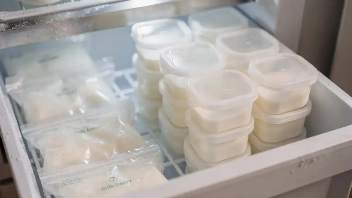 Ordentlich gelagerte Muttermilch im Tiefkühler in beschrifteten Behältern