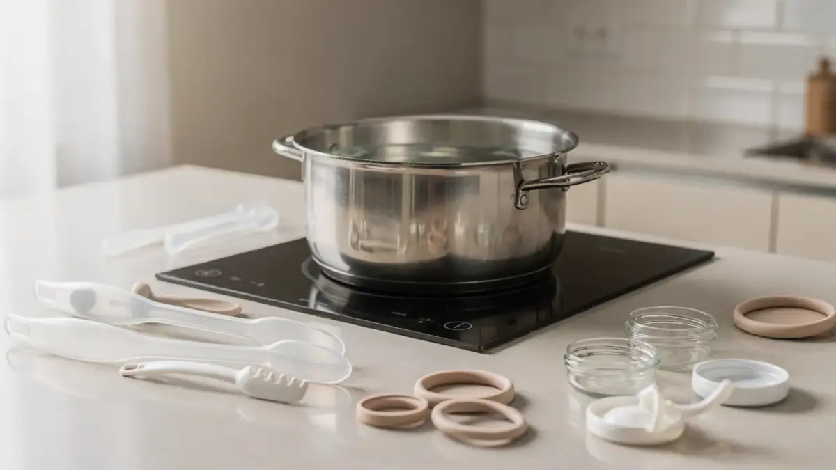 Topf mit Zubehör zum Abkochen in der Küche, passend zum Thema sichere Anwendung