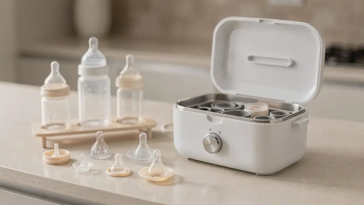 Dampfsterilisator für Milchpumpe mit zerlegten Pumpenteilen und Flaschenzubehör auf einer sauberen Arbeitsfläche