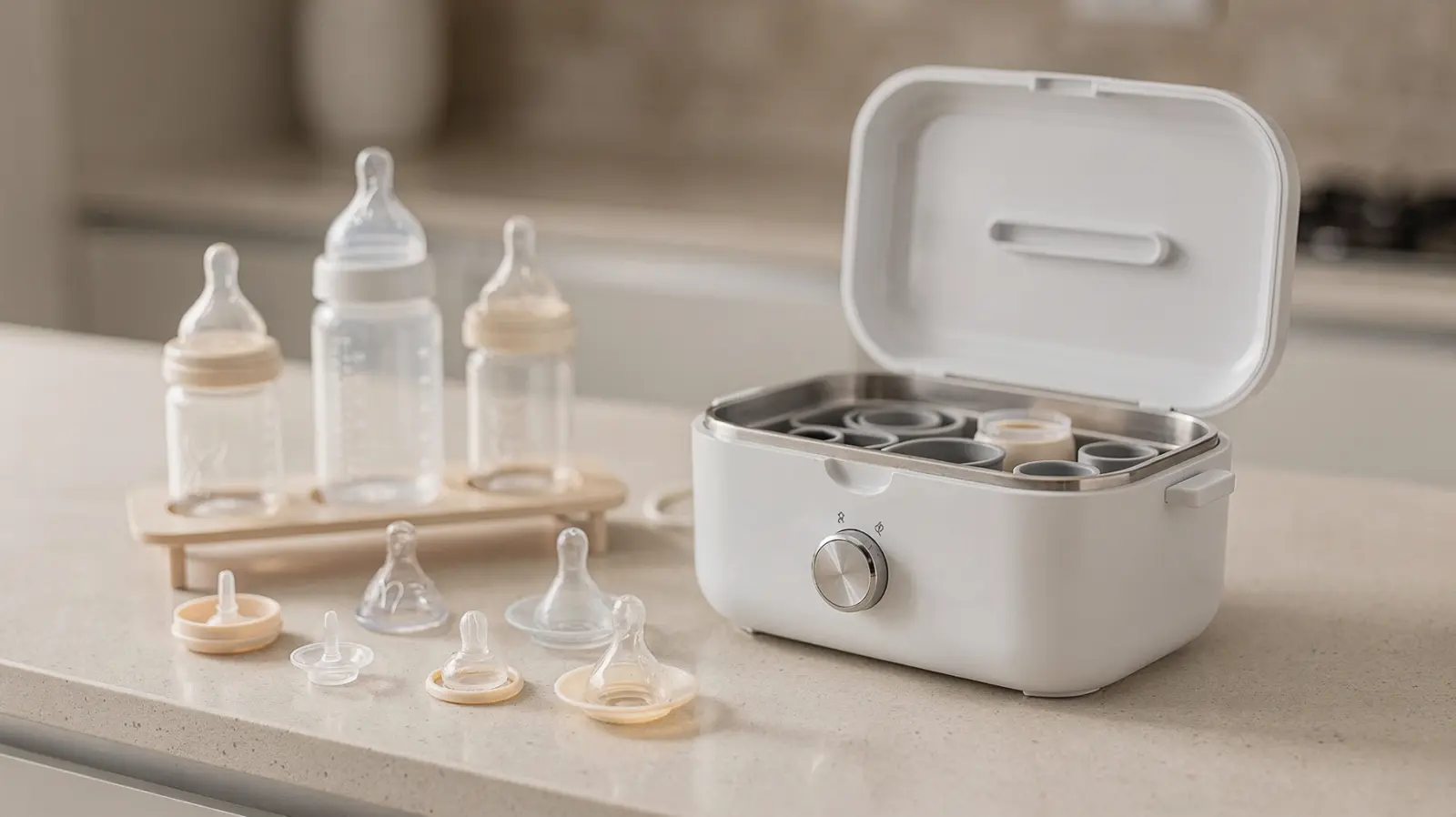 Dampfsterilisator für Milchpumpe mit zerlegten Pumpenteilen und Flaschenzubehör auf einer sauberen Arbeitsfläche