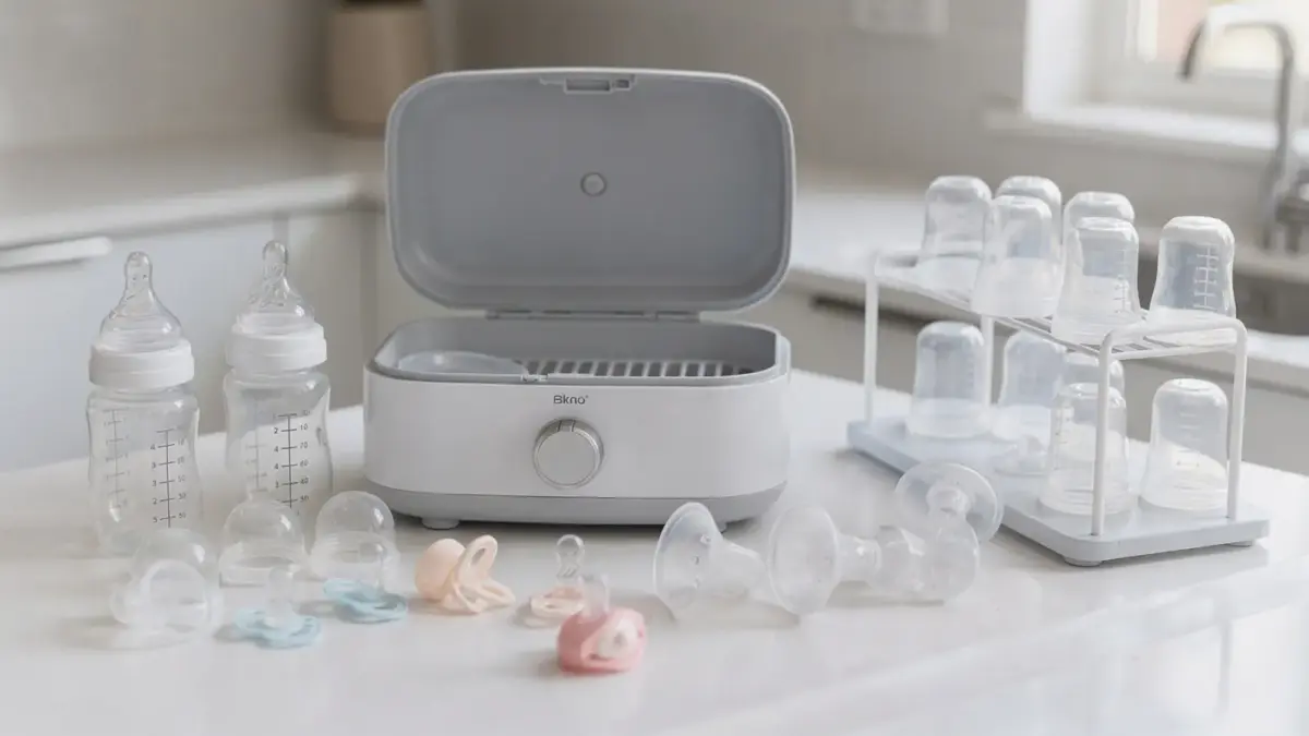 Sterilisierte Pumpenteile und Flaschenzubehör für die Milchpumpe in einer sauberen Küchenumgebung