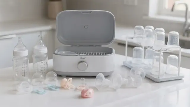 Sterilisierte Pumpenteile und Flaschenzubehör für die Milchpumpe in einer sauberen Küchenumgebung