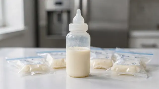 Muttermilch im Aufbewahrungsbehälter neben Kühlschrank für den Artikel zu verdorbener Muttermilch