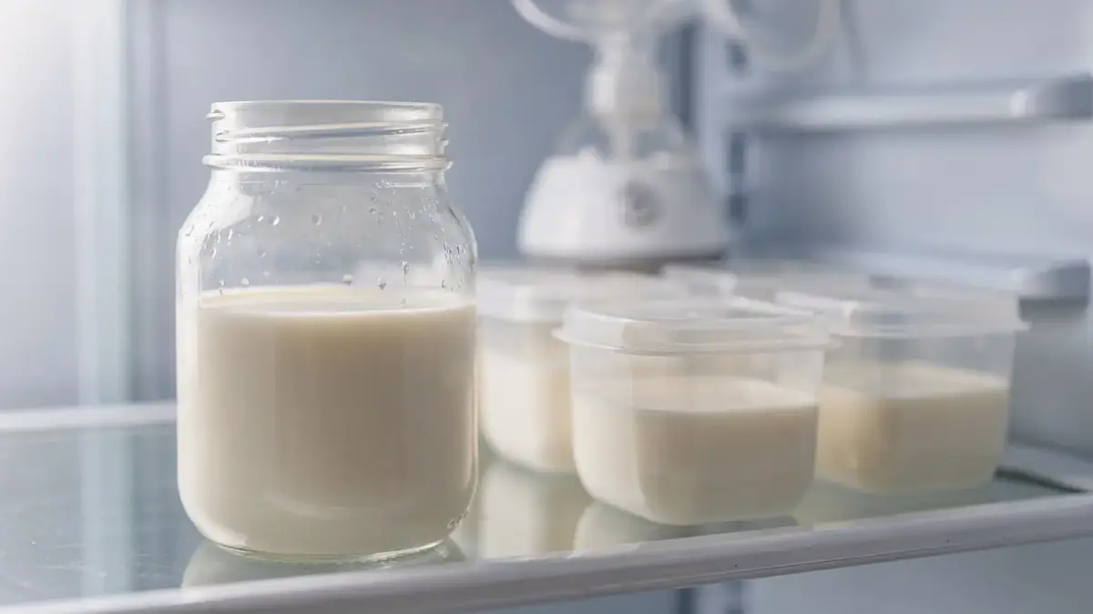Muttermilch im Glas aufbewahren: Glas mit abgepumpter Milch im Kühlschrank neben Aufbewahrungsbehältern