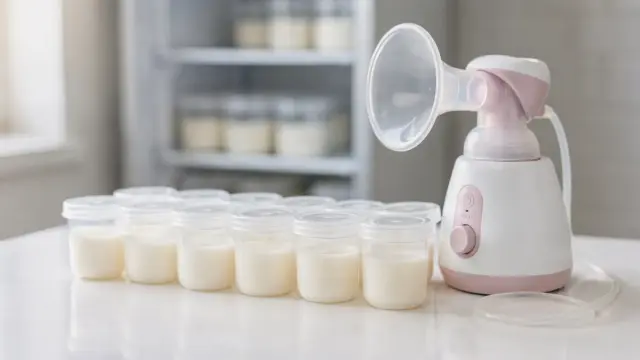Ordentlich gelagerte Muttermilch-Portionen in Behältern mit Flasche und Kühlschrank.