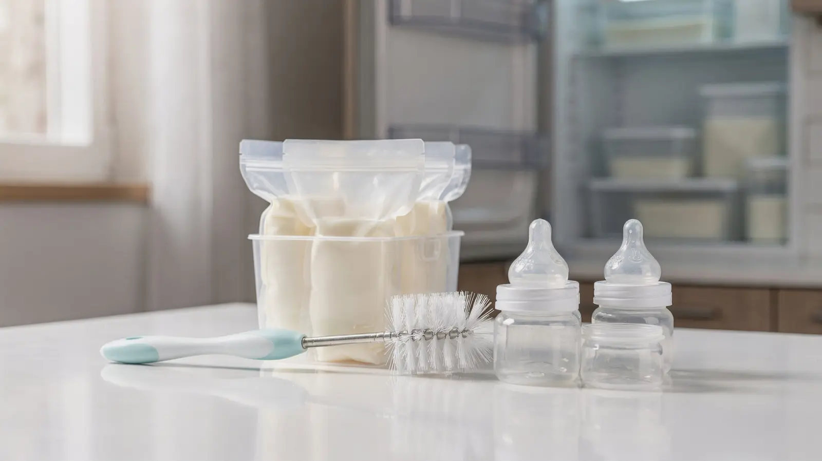 Reinigte Muttermilchbeutel auf einer sauberen Arbeitsfläche zur Muttermilchbeutel-Hygiene