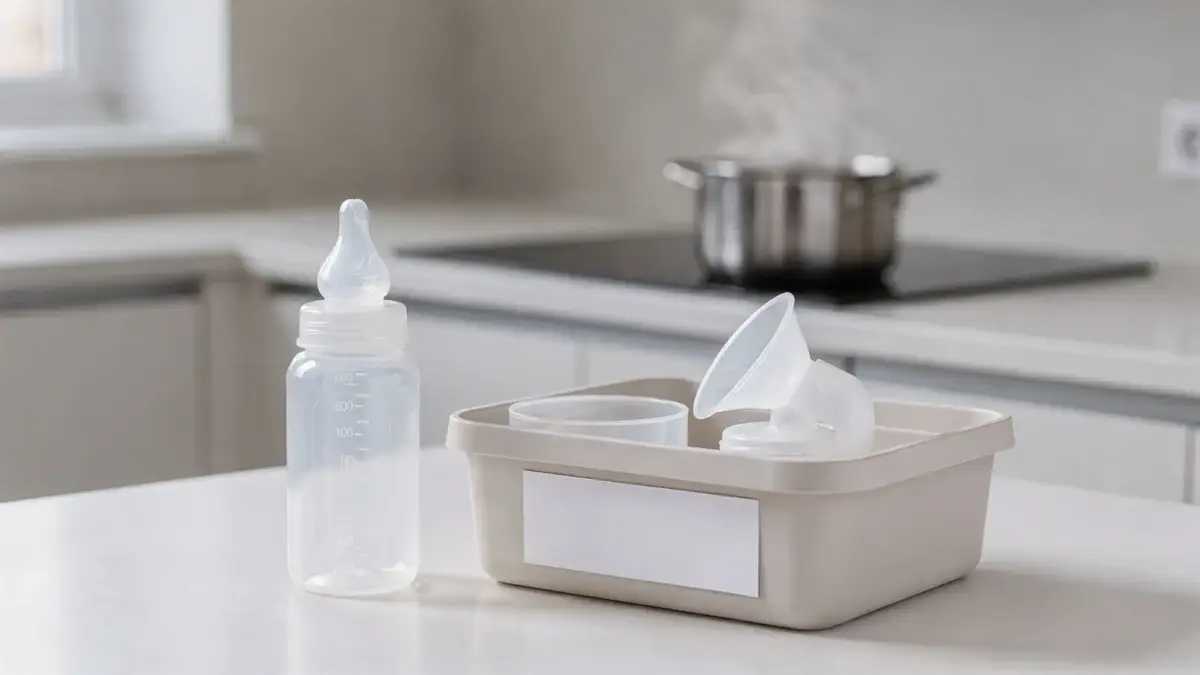 Sterilisiertes Fläschchen und Aufbewahrungsbehälter für Muttermilch in sauberer Küche
